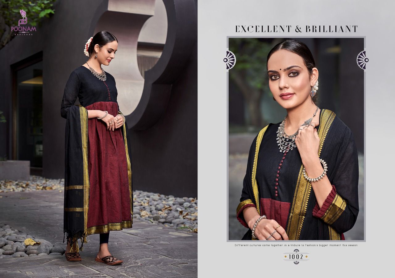 Poonam Handloom Kali Fancy Ethnic Wear Jacquard Anarkali Kurti With Dupatta Collection